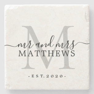 Chic Silver Monogram Script Name Wedding Date Steinuntersetzer