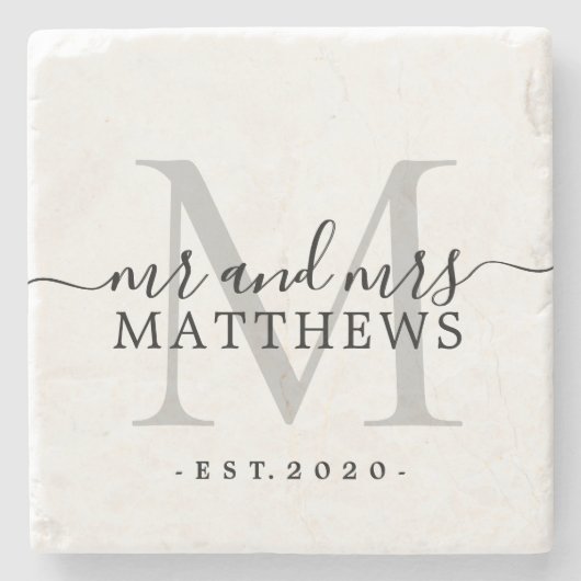 Chic Silver Monogram Script Name Wedding Date Steinuntersetzer (Vorderseite)
