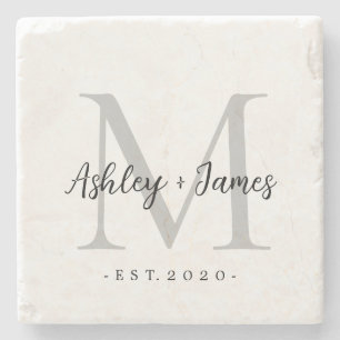 Chic Silver Monogram Script-Namen Hochzeitdatum Steinuntersetzer