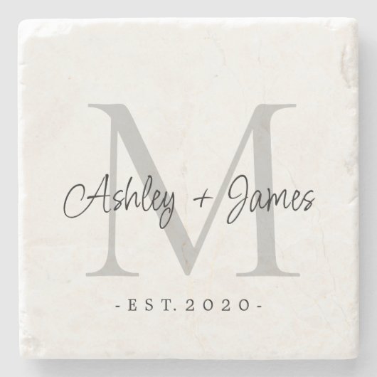 Chic Silver Monogram Script-Namen Hochzeitdatum Steinuntersetzer (Vorderseite)