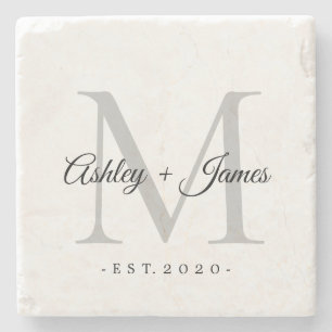 Chic Silver Monogram Script-Namen Hochzeitdatum Steinuntersetzer