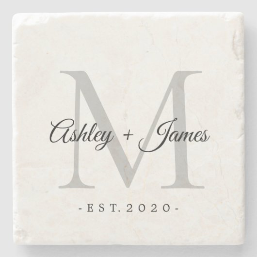 Chic Silver Monogram Script-Namen Hochzeitdatum Steinuntersetzer (Vorderseite)