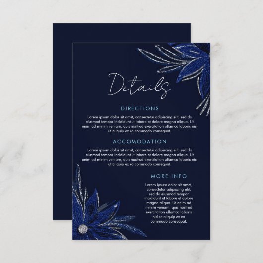 Chic Silver & Navy Blue Floral Wedding Begleitkarte (Vorne/Hinten)