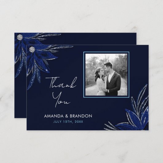 Chic Silver & Navy Blue Floral Wedding Dankeskarte (Vorne/Hinten)