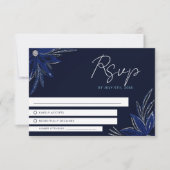 Chic Silver & Navy Blue Floral Wedding RSVP Karte (Vorderseite)
