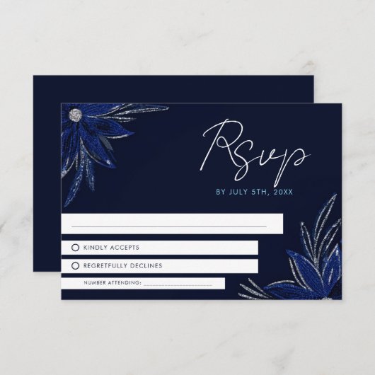 Chic Silver & Navy Blue Floral Wedding RSVP Karte (Vorne/Hinten)