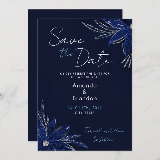 Chic Silver & Navy Blue Floral Wedding Save The Date (Vorne/Hinten)