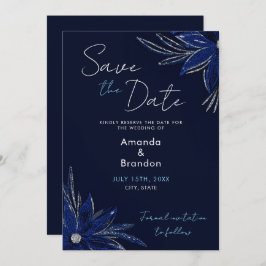 Chic Silver & Navy Blue Floral Wedding Save The Date