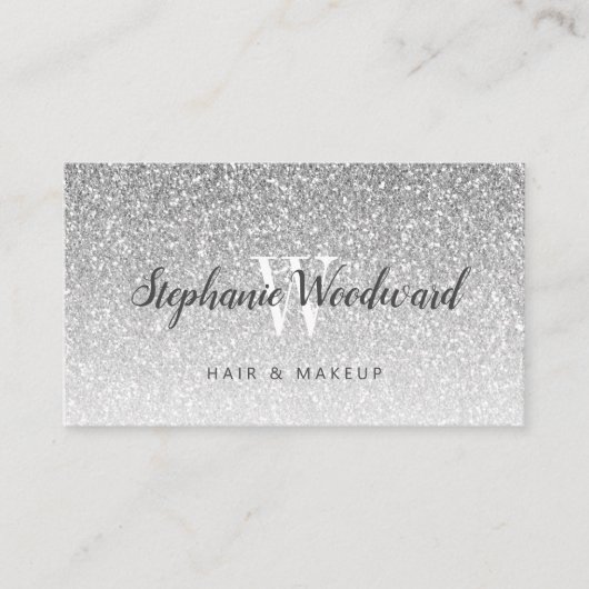 Chic Silver Ombre Glitzer Monogram Haarsalon Visitenkarte (Vorderseite)