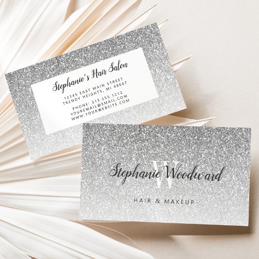Chic Silver Ombre Glitzer Monogram Haarsalon Visitenkarte