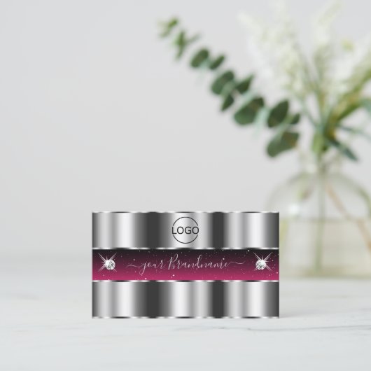 Chic Silver Pink Black Sparkling Diamonds Add Logo Visitenkarte (Stehend Vorderseite)