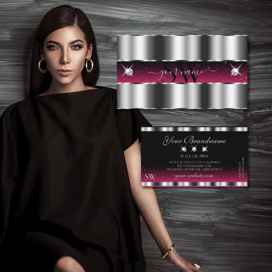 Chic Silver Pink Black Sparkling Diamonds Initiale Visitenkarte