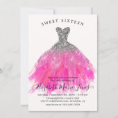 Chic Silver Pink Sparkle Dress Sweet 16. Geburtsta Einladung (Vorderseite)