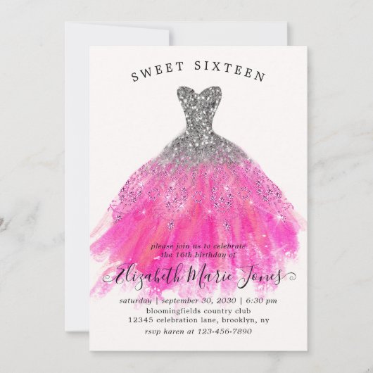 Chic Silver Pink Sparkle Dress Sweet 16. Geburtsta Einladung (Vorderseite)