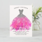 Chic Silver Pink Sparkle Dress Sweet 16. Geburtsta Einladung (Stehend Vorderseite)