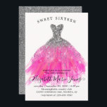 Chic Silver Pink Sparkle Dress Sweet 16. Geburtsta Einladung<br><div class="desc">Modern Glam Silver Blush Pink Magenta Glitzer Sparkle Aquarellkleid Süß 16. Geburtstagsfeier</div>