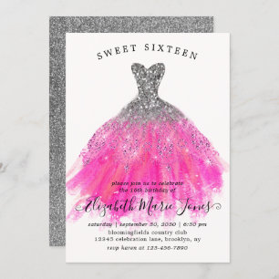Chic Silver Pink Sparkle Dress Sweet 16. Geburtsta Einladung