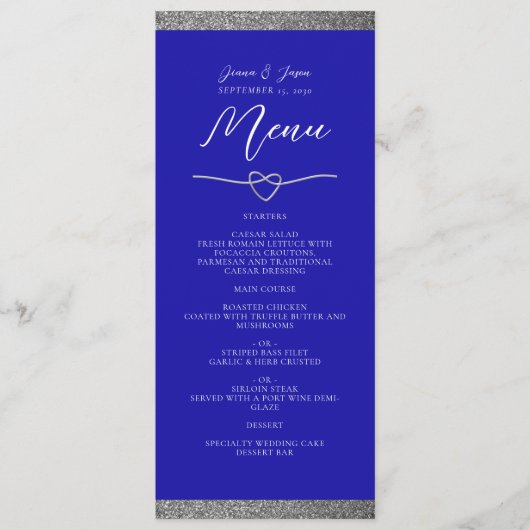 Chic Silver Royal Blue Wedding Menu Menükarte (Vorderseite)