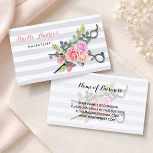 Chic Silver Scheren Haarstylle Streifen und Rose Visitenkarte
