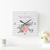 Chic Silver Scissour Haare Salon Streifen und Rose Quadratische Wanduhr (Zuhause)