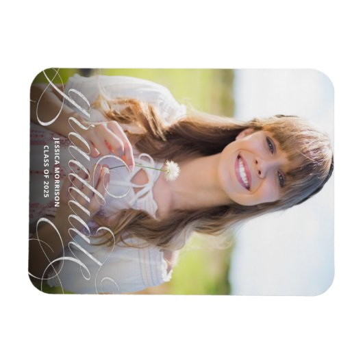 Chic Silver Script Foto Abschluss Ankündigung Magnet (Horizontal)