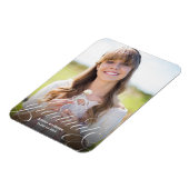 Chic Silver Script Foto Abschluss Ankündigung Magnet (Linke Seite)