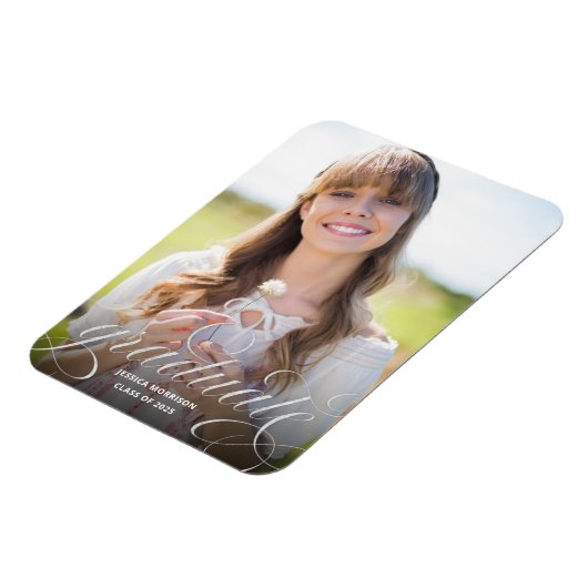 Chic Silver Script Foto Abschluss Ankündigung Magnet (Linke Seite)