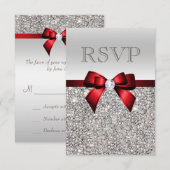 Chic Silver Sequins Diamond Red Bow Wedding RSVP Karte (Vorne/Hinten)