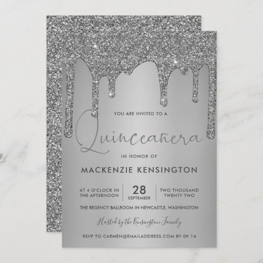 Chic Silver Sparkle Glitzer Tropfen Quinceañera Einladung (Vorne/Hinten)