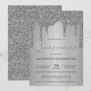 Chic Silver Sparkle Glitzer Tropfen Quinceañera Einladung