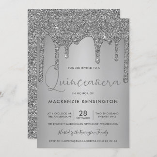 Chic Silver Sparkle Glitzer Tropfen Quinceañera Einladung