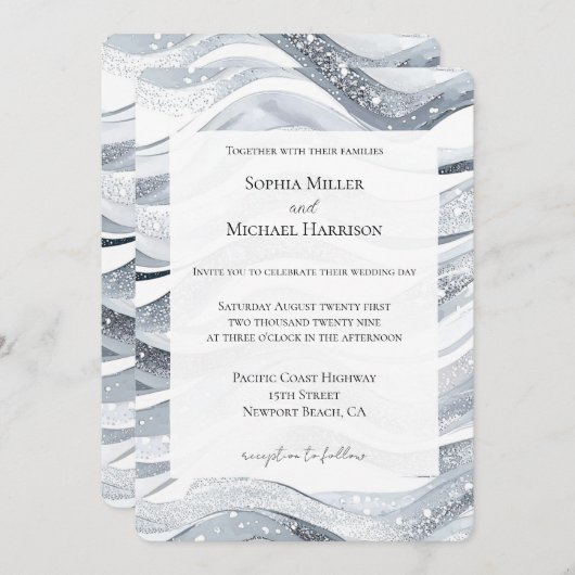 Chic Silver Sparkle Waves Wedding Einladung (Vorne/Hinten)