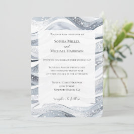 Chic Silver Sparkle Waves Wedding Einladung