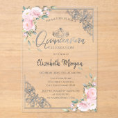 Chic Silver Tiara,Diamond Pink Flowers Quinceañera Acryleinladungen (Vorderseite)