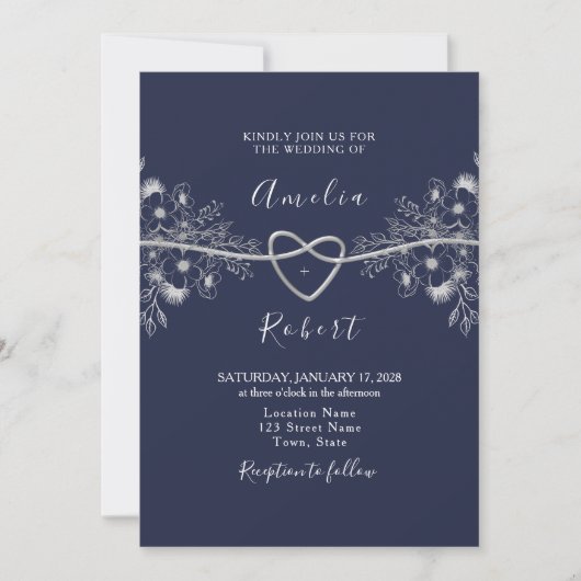 Chic Silver und Navy Blue Wedding Einladung (Vorderseite)