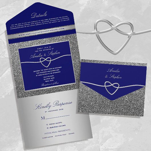 Chic Silver und Royal Blue Wedding All In One Einladung