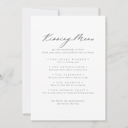 Chic Silver Wedding Kissing Menu Game Card (Vorderseite)