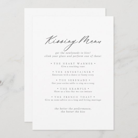 Chic Silver Wedding Kissing Menu Game Card (Vorne/Hinten)