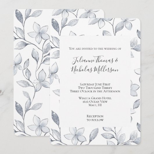 Chic Silver White Floral Wedding Einladung (Vorne/Hinten)