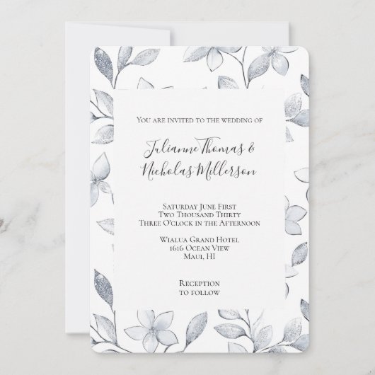 Chic Silver White Floral Wedding Einladung (Vorderseite)