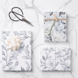 Chic Silver White Floral Wedding Geschenkpapier Set