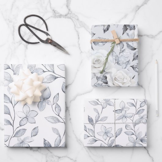 Chic Silver White Floral Wedding Geschenkpapier Set (Vorderseite)