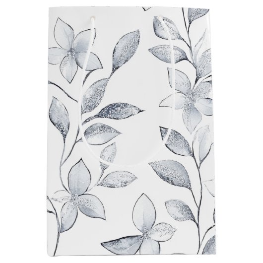 Chic Silver White Floral Wedding Mittlere Geschenktüte (Vorderseite)