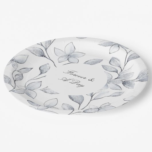Chic Silver White Floral Wedding Pappteller (Schrägansicht)