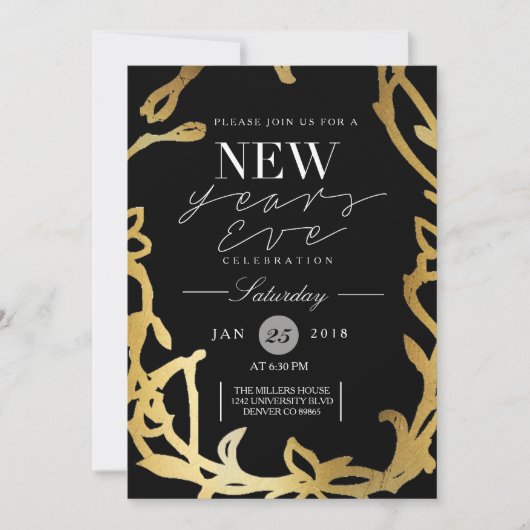 Chic Silvester Party | Gold Floral Einladung (Vorderseite)