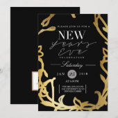 Chic Silvester Party | Gold Floral Einladung (Vorne/Hinten)