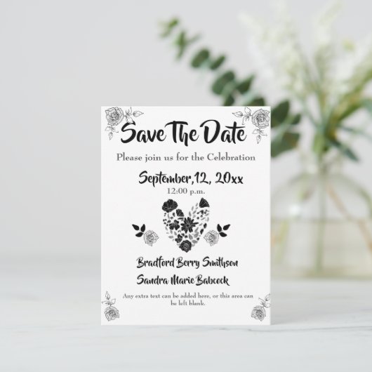Chic Simple Black and White Floral Heart Wedding Save The Date (Stehend Vorderseite)