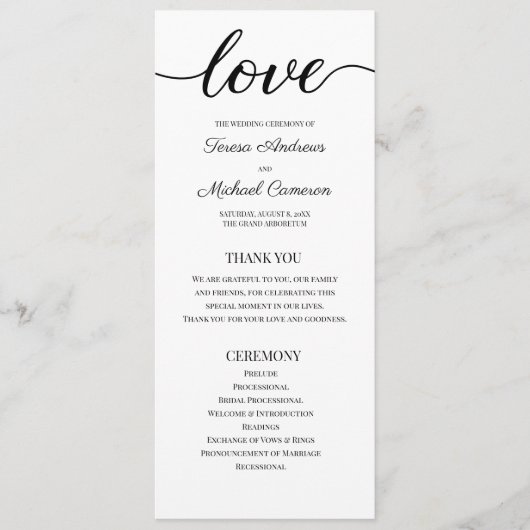 Chic Simple Black and White Wedding Liebe Script Programm (Vorderseite)