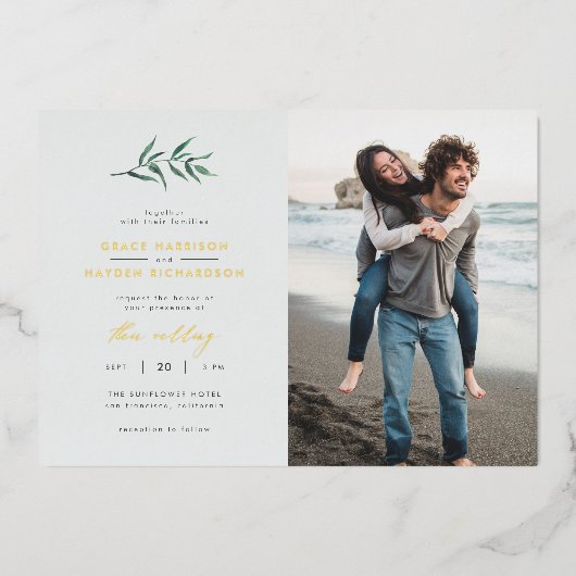 Chic Simple Blue & Green Branch Wedding Foto Folieneinladung (Vorderseite)