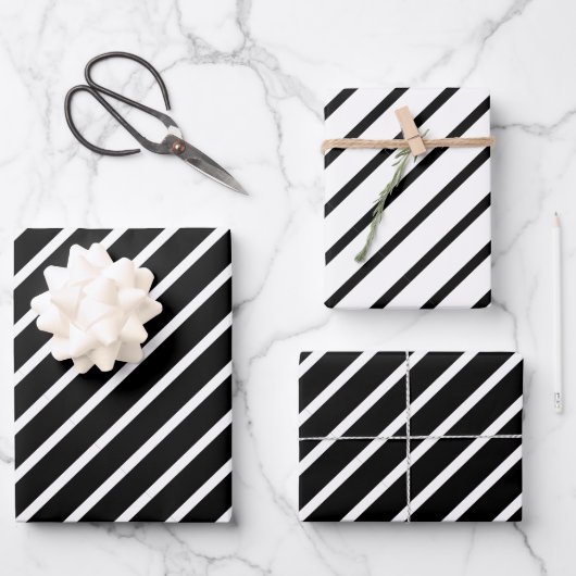 Chic Simple Elegante Black & White Diagonal Streif Geschenkpapier Set (Vorderseite)